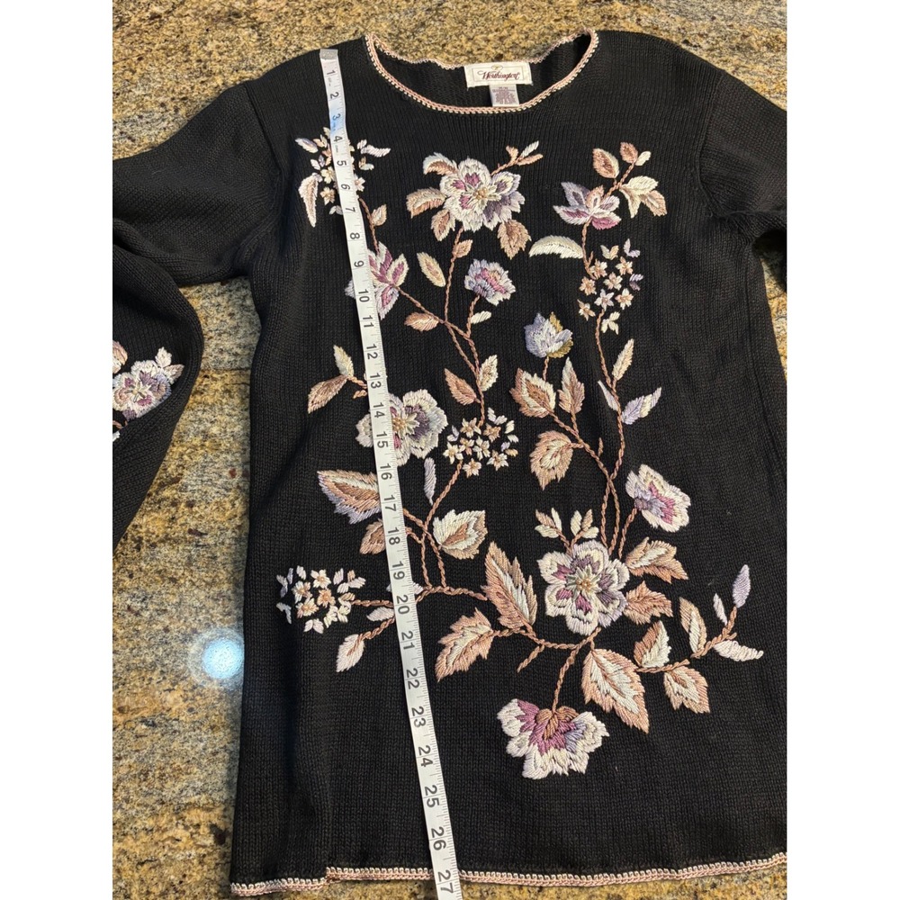Vintage Worthington Floral Embroidered Knit Sweater Cottagecore Black Size M - Picture 7 of 8